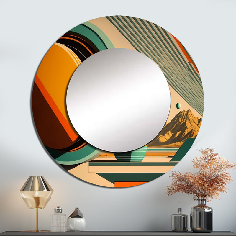 Rétro Mid-century graphiques III - Mid-Century moderne unique miroir, grand miroir mural rond moderne, art imprimé en métal