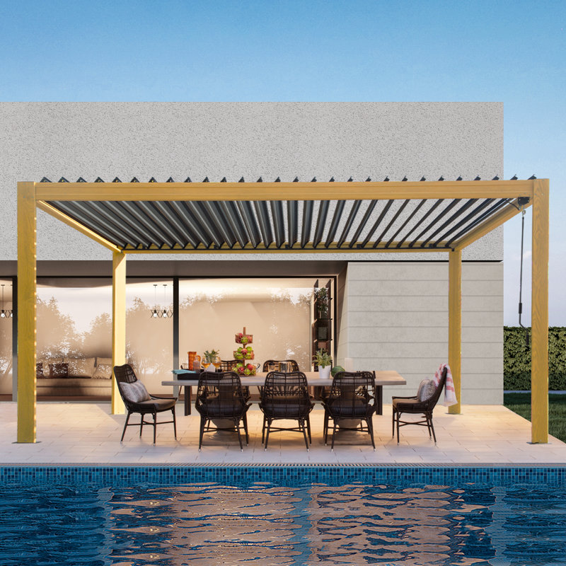 Pergola d'extérieur en aluminium avec toit à persiennes l 16 pi x P 10 pi, Brun