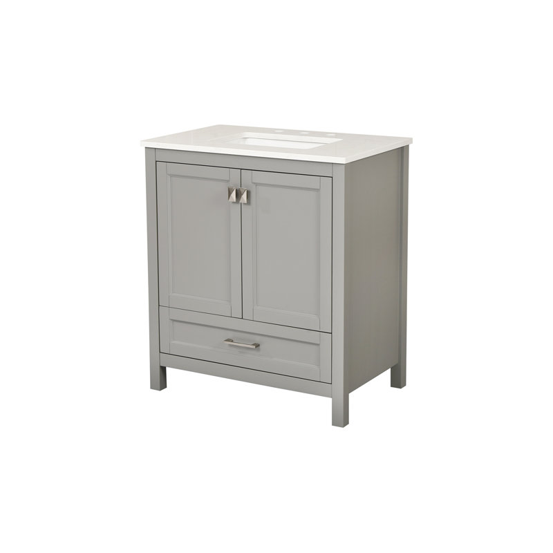 Meuble-lavabo autoportant de 30 po avec lavabo, comptoir en marbre d'ingénierie Carrara avec lavabo rectangulaire encastré en céramique, grande porte de rangement à fermeture en douceur, structure en bois massif, gris 24V03-30GR