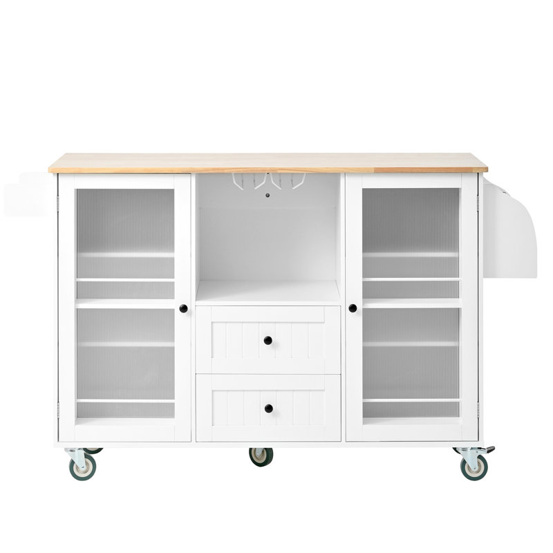 Chariot pour îlot de cuisine avec comptoir rabattable, 2 tiroirs, unité de porte, serviette et épice, blanc, surface de travail de 48,32 po de long et facile à déplacer, espace de rangement, blanc, comptoir en bois d'hévéa,