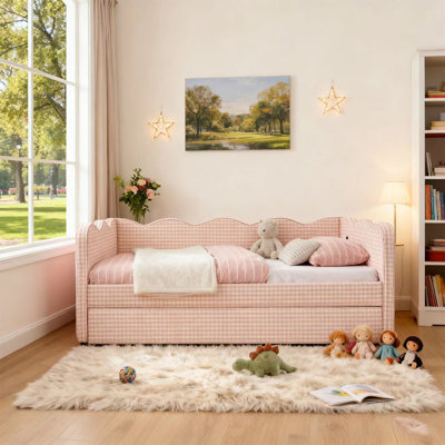 Daybed With Trundle, Sofa Bed, No Box Spring Needed, USB Port, Adorable Wave Shaped, Linen Fabric