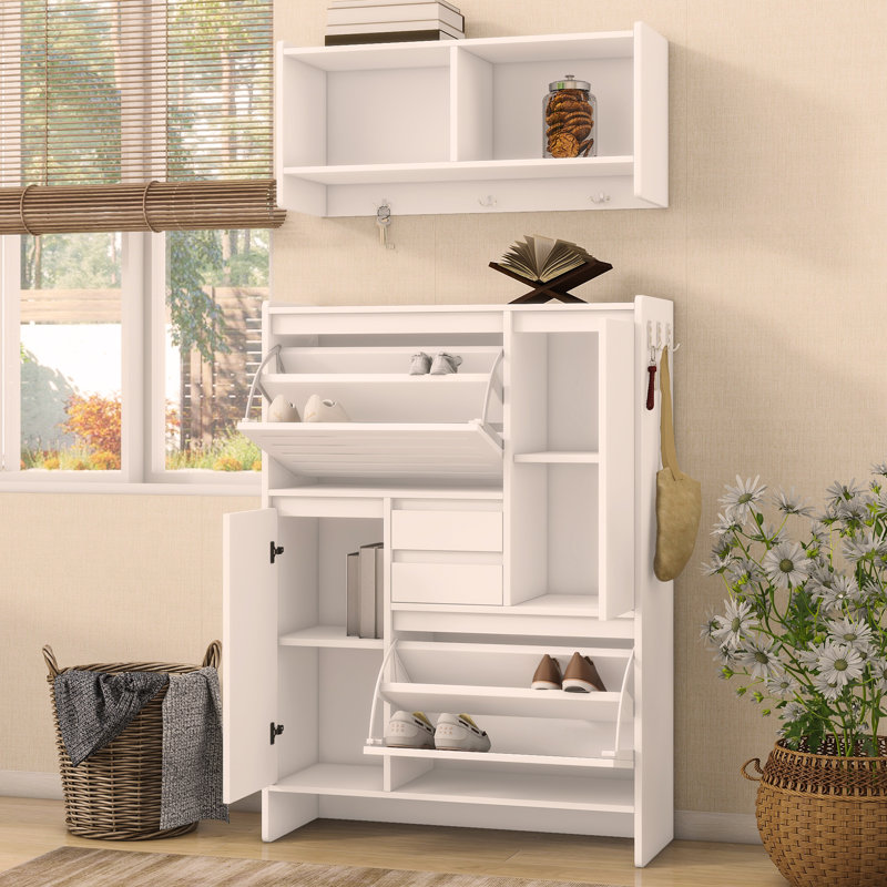 Multi-Functional Tipping Bucket Shoe Cabinet with Wall Cabinet, Space-saving Design Foyer Cabinet with 2 Flip Drawers, White