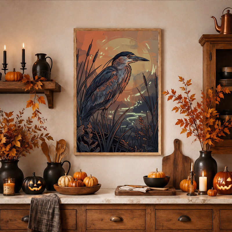 Héron se tenant parmi les quenouilles au coucher du soleil - Toile murale d'Halloween, 48"H x 32"W