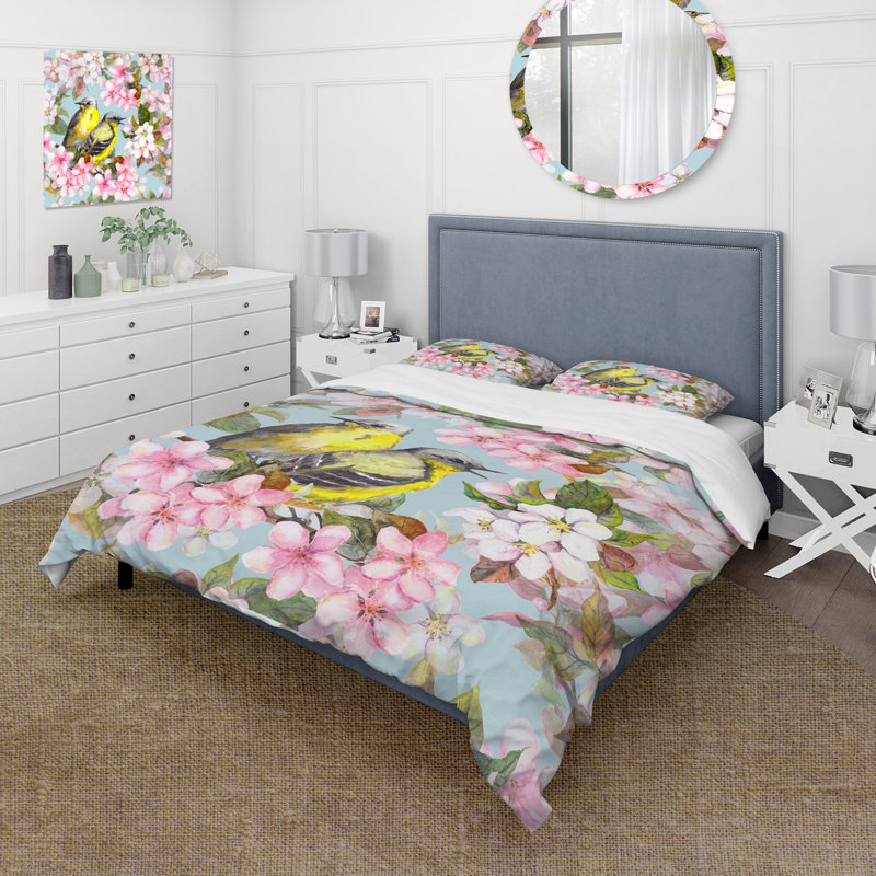 Ensemble de housse de couette en cerisier rose avec fleurs de cerisier et de pommes avec oiseaux II