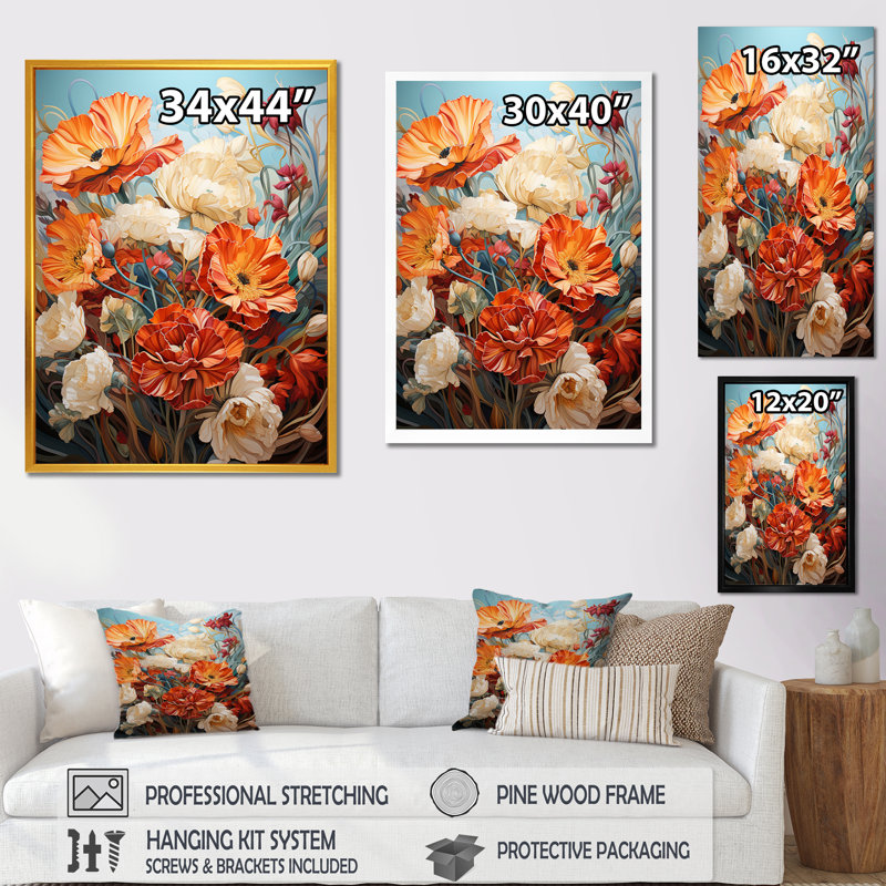 Orange orange, bouquet de fleurs d'été - art mural fleurs, Cadre flottant noir, 32" H x 16" W