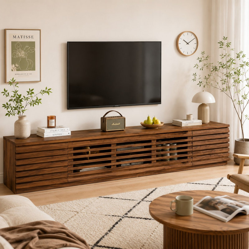 70" Mid-Century Modern TV Stand for TVs up to 80", Walnut Entertainment Center with Cable Management and Soft-Close Hinges