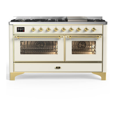 Majestic III Series 60 Inch Dual Fuel Range with 7 Sealed Burners, Griddle, in Antique White (Natural Gas, Brass Trim)