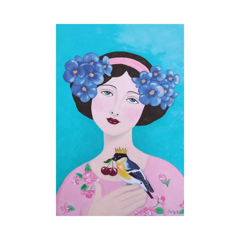 Woman With Bird And Cherry by Sally B - Gallery-Wrapped Canvas Giclée on Canvas, Canvas, 20.32 cm H x 30.48 cm W