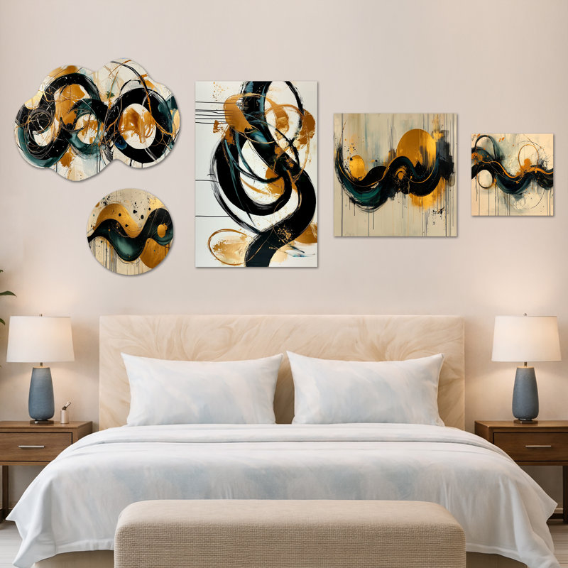 Gold Black Optical Play Spiral I – Extra Large Abstract Wall Art, Framed Canvas and Metal Print 5 Piece Set (100" x 40")