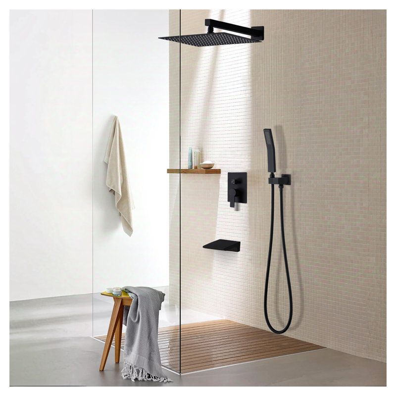 Système de douche noir mat avec bec de baignoire - Pomme de douche à pluie 12 po et douchette combinée, ensemble de robinet de douche mural en métal avec robinet et garniture