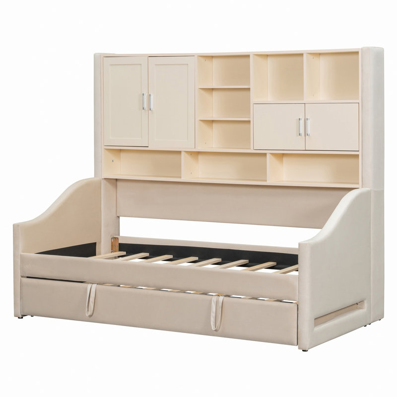 Upholstered Daybed With LED Armrest Lights, Storage Shelves And Cabinets, Bed Frame With Pull-Out Trundle, Beige