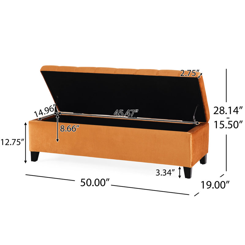Rangement en velours orange brûlé avec beaucoup d'espace pour les couvertures, sur des pieds en bois de bouleau teinté brun foncé, banc de soutien de poids de 250 lb, grand et surface, finition, capacité