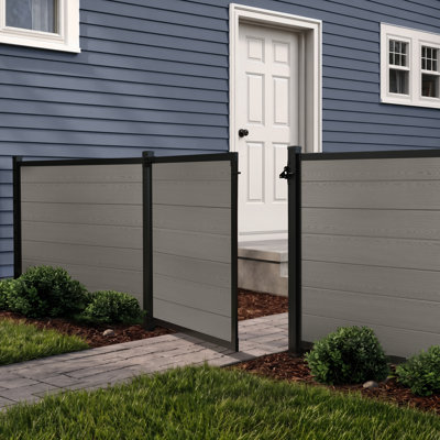 Barrière d'intimité Edgewood de 4 pi x l 4 pi, ensemble de barrière en composite avec cadre en aluminium, planches à grain de bois, installation sans creusage, barrière extérieure résistante aux rayons UV pour patio ou piscine, gris ardoise BLI19119