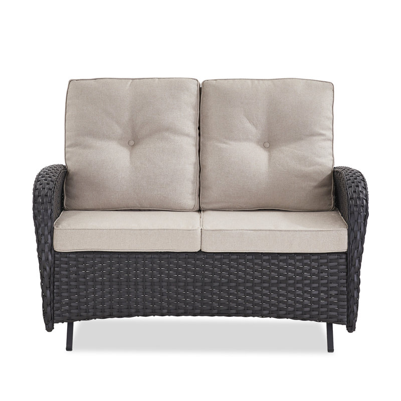 Durtche 2-Person Wicker Outdoor Patio Loveseat Glider with Cushions, Beige, Black