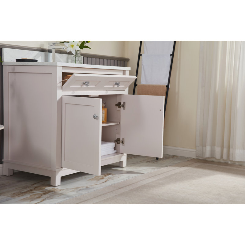 Meuble-lavabo en bois massif 36 po avec comptoir en marbre d'ingénierie 1 po, lavabo simple, Chrome poli, Blanc rêveur