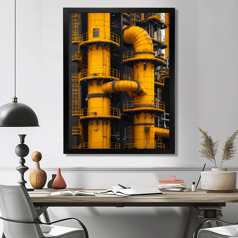 Reproduction d'art mural monochrome jaune gris industriel - usines, Toile encadrée noire simple, H 32 po x l 24 po x P 1 po