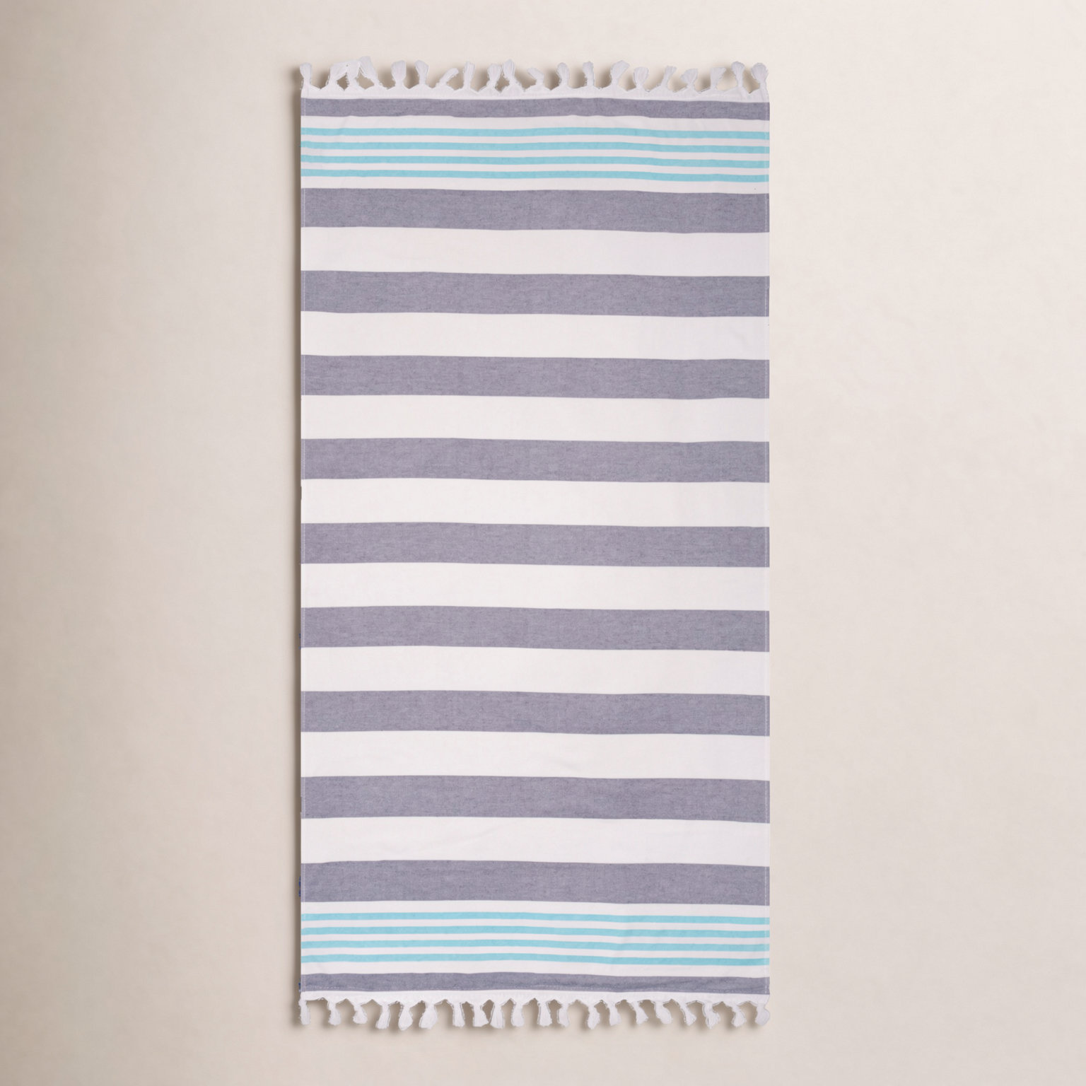 Striped Tasseled Cotton Beach Towel, Charcoal/Blue