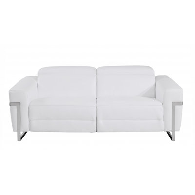  83" White Italian Leather USB Reclining Sofa With Chrome Legs