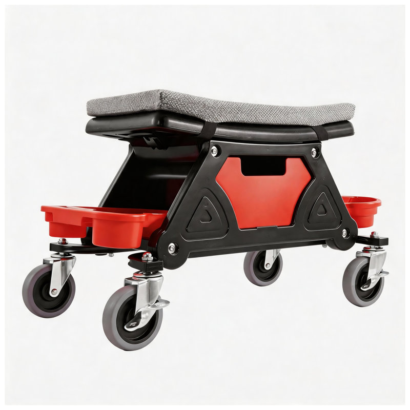 Tabouret roulant avec plateau à outils amovible, siège de magasin en fer rouge et noir