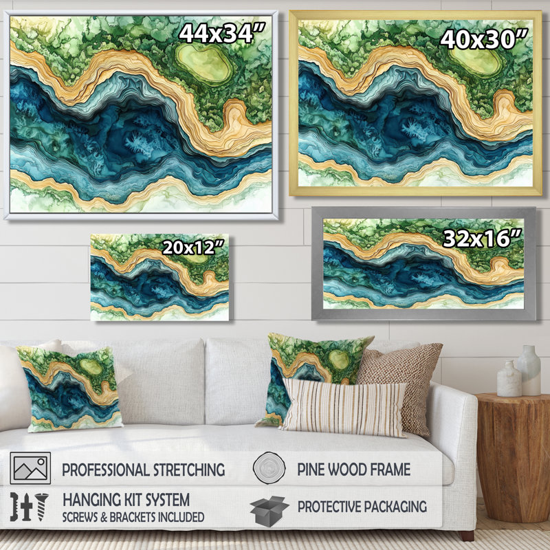 Abstrait parcours de golf «Horizon II», art mural encadré, H 34 po x l 44 po, Cadre flottant, Blanc