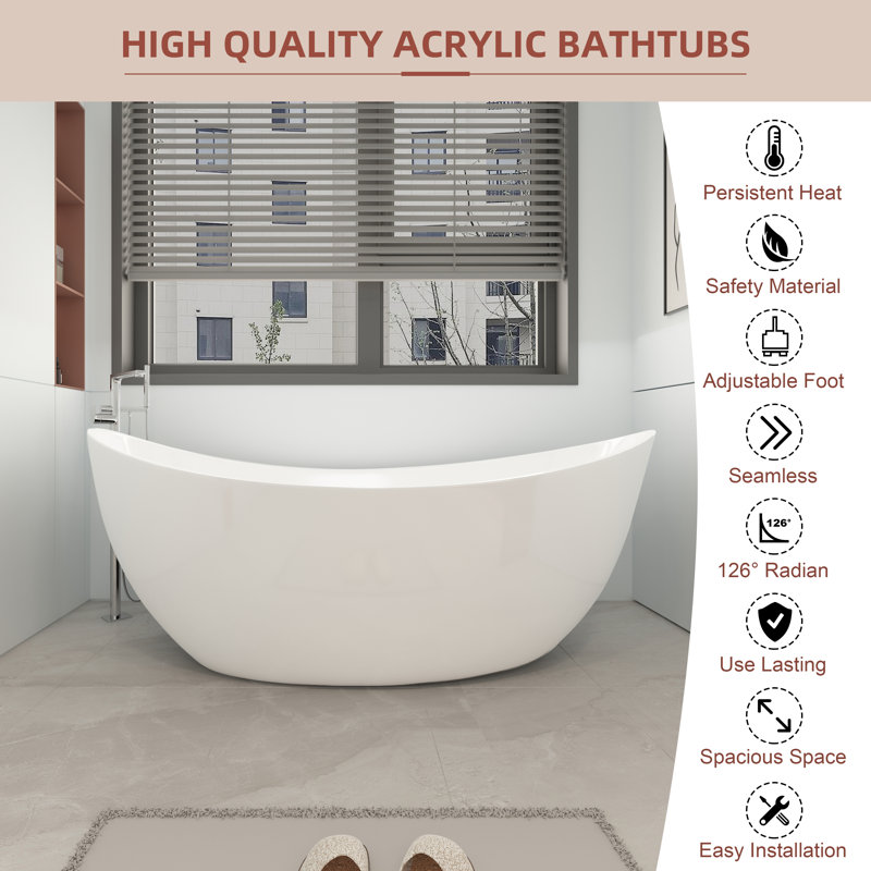 65'' x 31'' Freestanding Soaking Bathtub, Double Slipper Acrylic Bathroom Tub, White