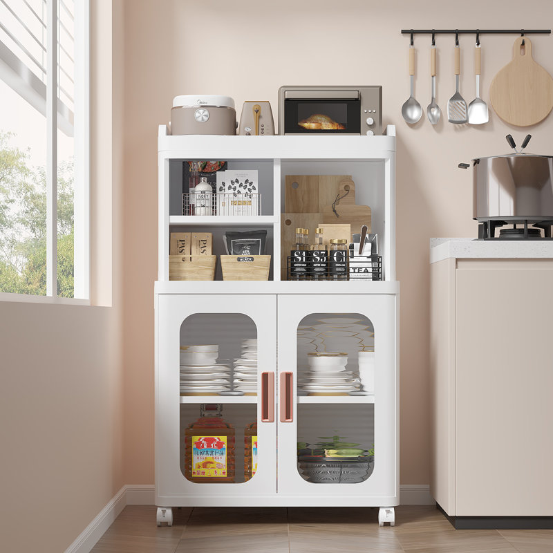 Abdullah Foldable Storage Cabinet with Shelves, Clear Double Doors & Rolling Wheels