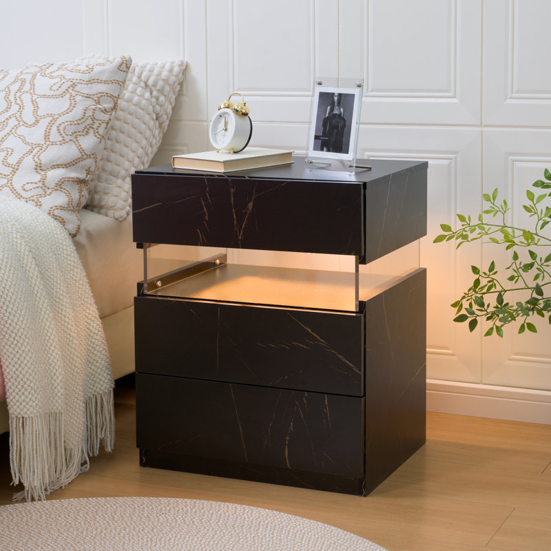 Gold and Black Modern Engineered Wood Nightstands with LED Lighting