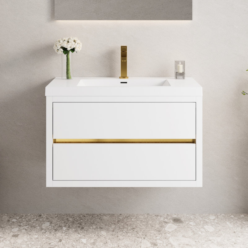 Armoire de salle de bain 36 po avec lavabo, rangement spacieux et spacieux, comptoir de salle de bain flottant en résine hygiénique blanc brillant et tiroirs à fermeture en douceur