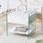 Bedside table with drawers. The board surface is MDF with white grain sticker, and both sides are transparent tempered glass. The design is simple and elegant, with excellent storage functions.