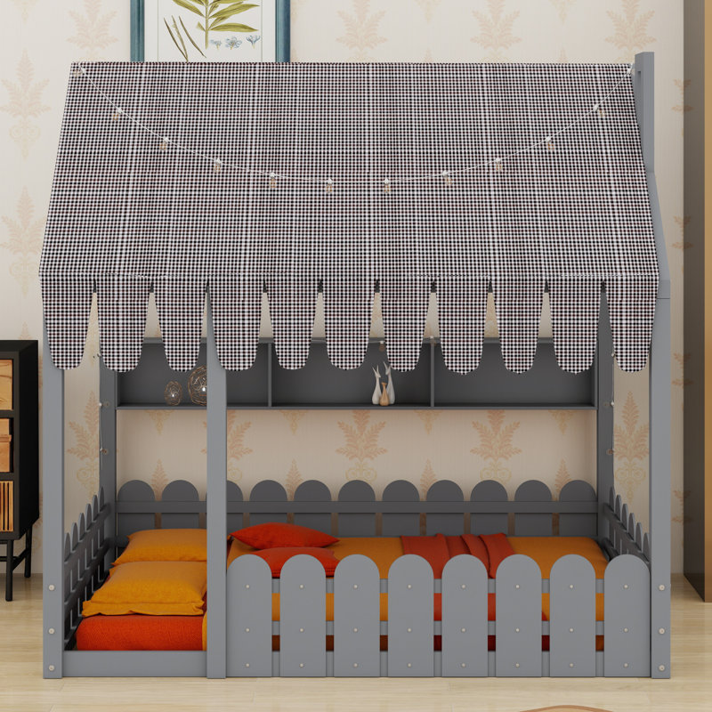 Lit de sol complet pour enfants avec clôture et tablettes Montessori, Lit double, Gris