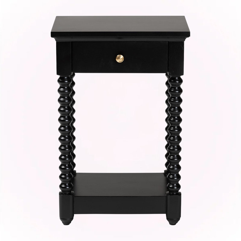 Crispis 1-Drawer Nightstand with Bobbin Legs with Storage Shelf in Black, Black