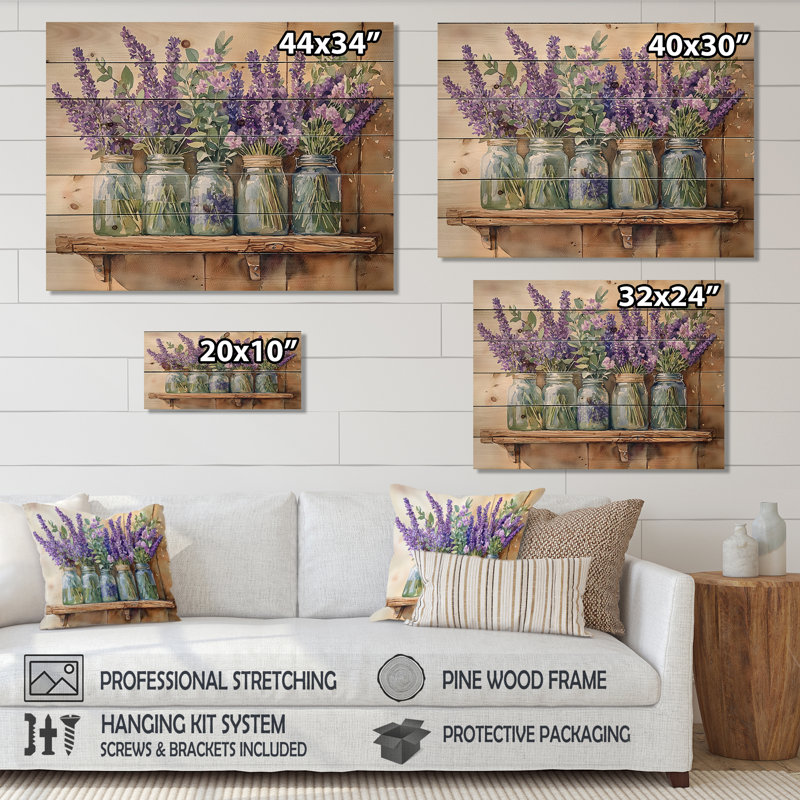 Lavande et bouquet de romarin III - Art mural en bois de lavande - sur bois de pin naturel, H 10 po x l 20 po x P 0,78 po