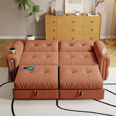 Chenille Pull-Out Sleeper Sofa Bed with USB Charging Port, Cup Holders and Dual Pull-Out Sections, Beige