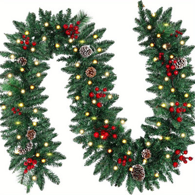 5.9 FT Pre-Lit Artificial Christmas Garland, Green, Warm Lights, Decorated with Pine Cones, Berries, Christmas Collection, Indoor, Fireplace, Party Green Rattan