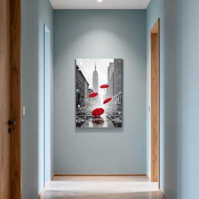 Scenic & Cityscapes, parapluies rouges flottant dans un paysage urbain enneigé