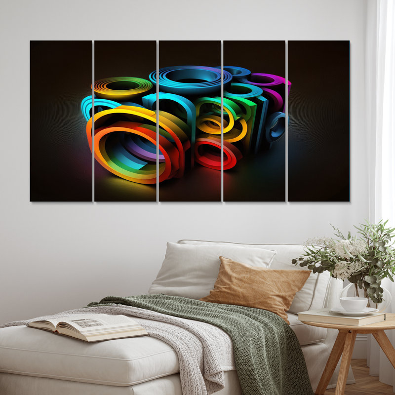 «Neon Rainbow 3D», reproduction d'art en spirale abstraite - 5 panneaux égaux