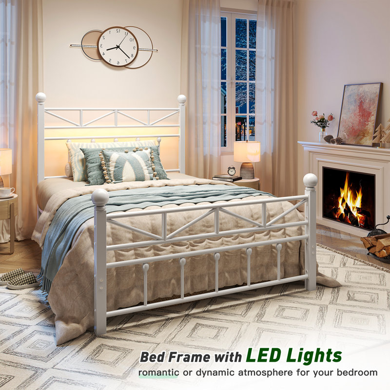 53.6" H Metal Platform Bed with LED Lights and Vintage Headboard, Geometric Steel Bed Frame with Under Bed Storage, Easy to Assemble & Disassemble, No Box Spring Needed
