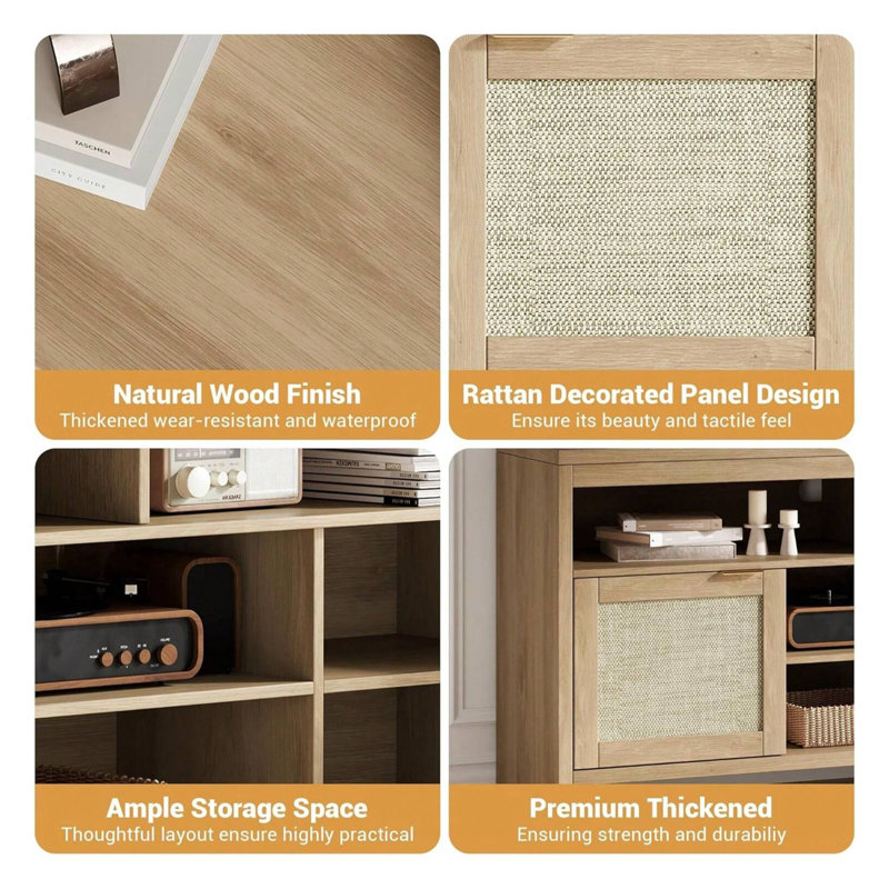 59''Rattan TV Stand for up to 65'',Entertainment Center with Open Storage, Media Console for Bedroom,Living Room,Oak