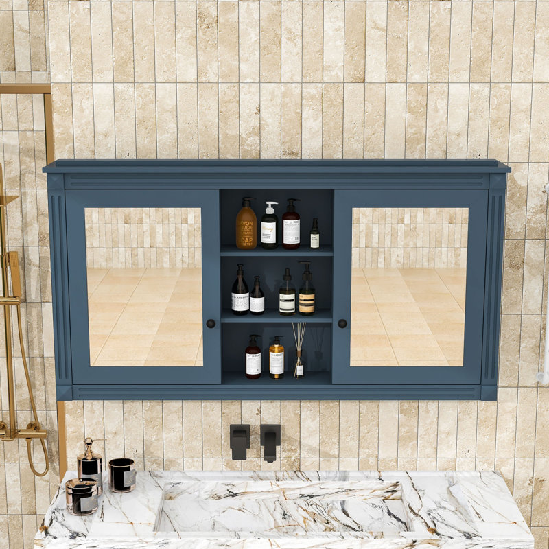 Armoire en bois avec miroir et porte à fermeture en douceur, Bleu