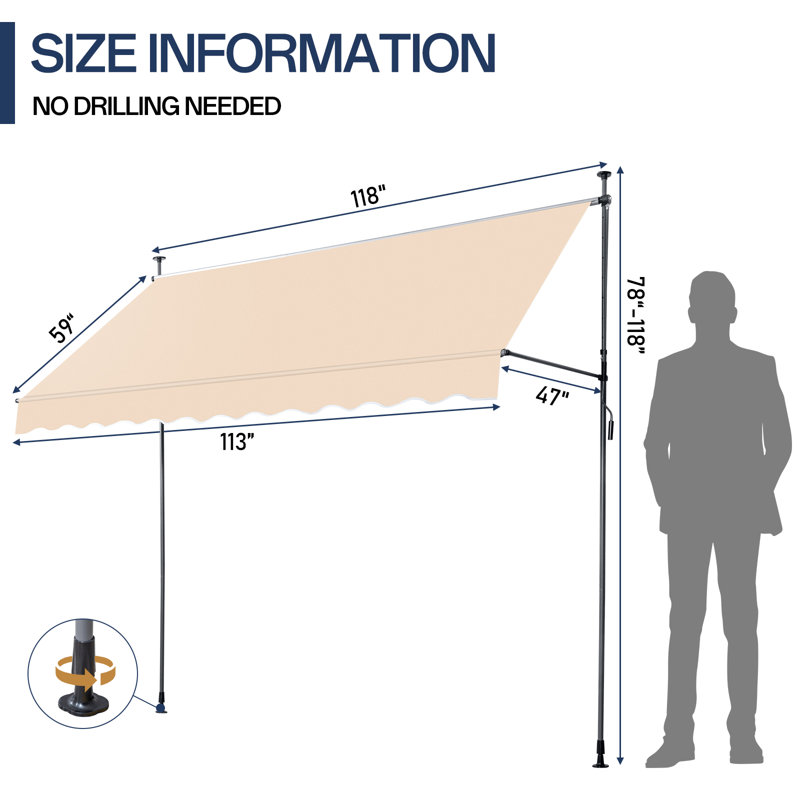 Metal And Polyester Retractable Awning, Beige, 118" H x 118" W x 47.2" D