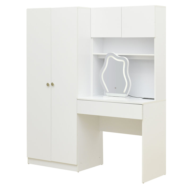 Armoire de rangement à 2 portes pour meuble-lavabo en bois avec miroir de maquillage et tiroirs
