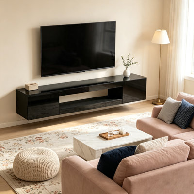 70'' Modern High-Gloss Floating TV Stand, Wall Mounted Media Console with Soft-Close Cabinets & Cable Management
