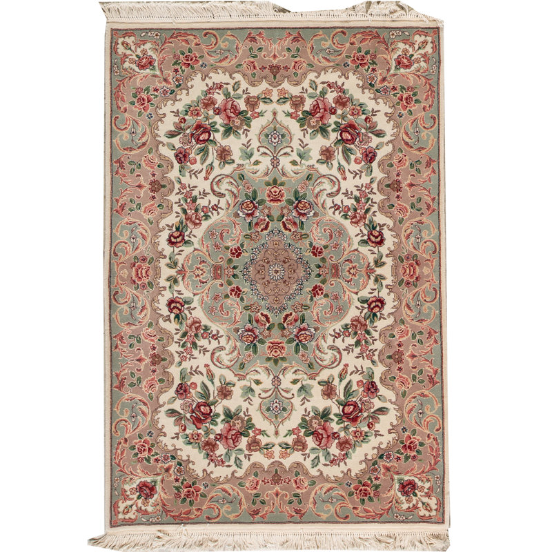 Tapis ivoire et vert clair noué à la main de haute qualité