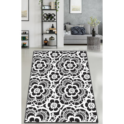 Stylish Black and White Area Rug, 6.6 x 9.5 ft | 100% Polyester, 0.4 in Pile Height | Antibacterial, Non-Slip Underside, Machine Washable | Perfect for Living Room, Bedroom, & Dining Spaces, Soft & Durable