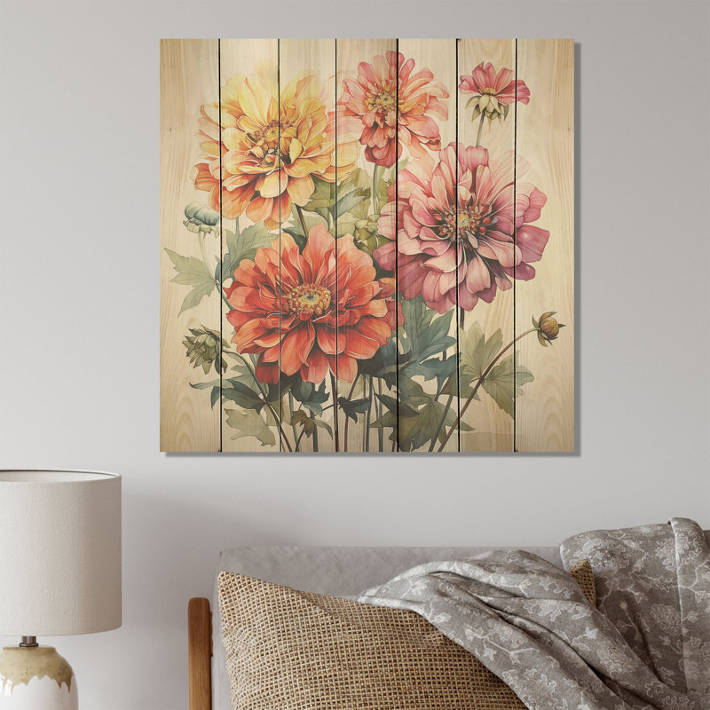 Illustration simple de Zinnia Bouquet II - Zinnias sur bois, H 15 po x l 15 po