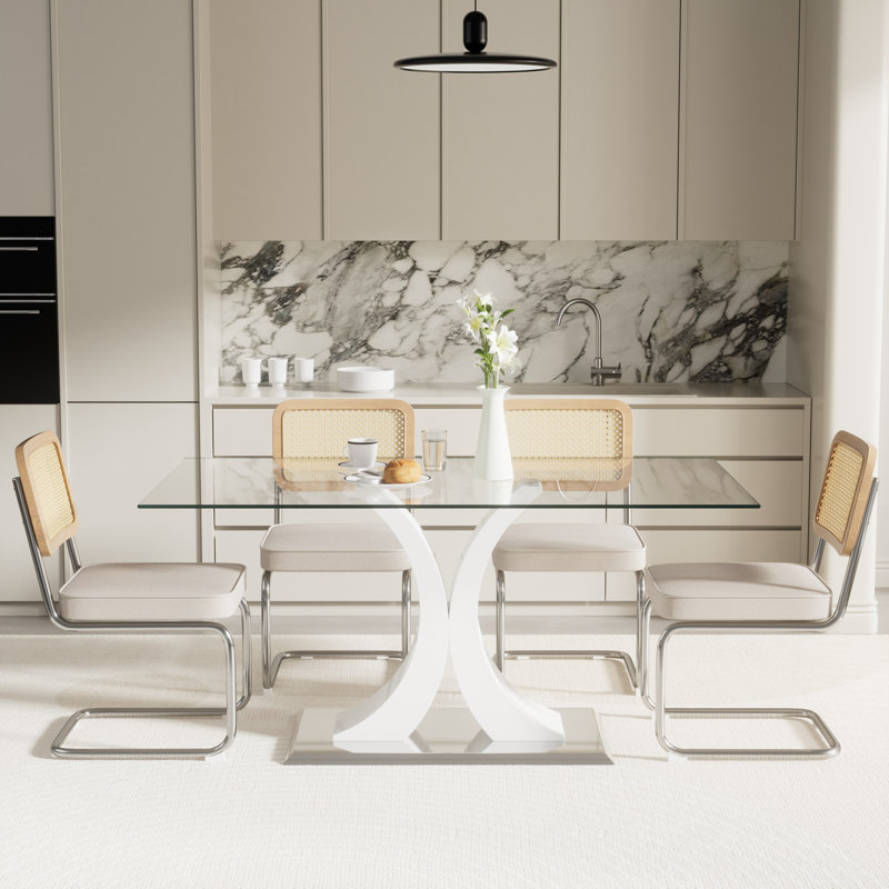 Ensemble de salle à manger rectangulaire, 5 pièces: table, 4 chaises, Blanc, Beige