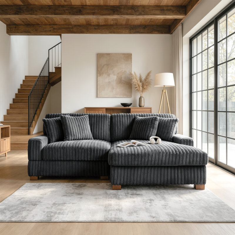 Stephania 2 - Piece Upholstered Gray Faux Rabbit Fur Flannel Modular Sectional Sofa with Armrests & Throw Pillows