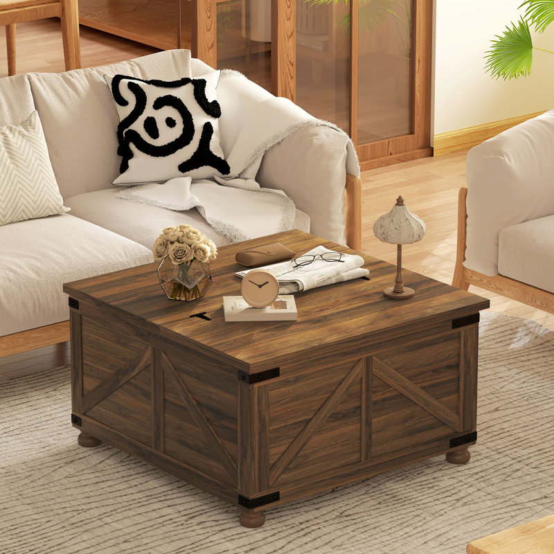 Table basse à plateau relevable avec compartiment caché, grain de bois, Brun
