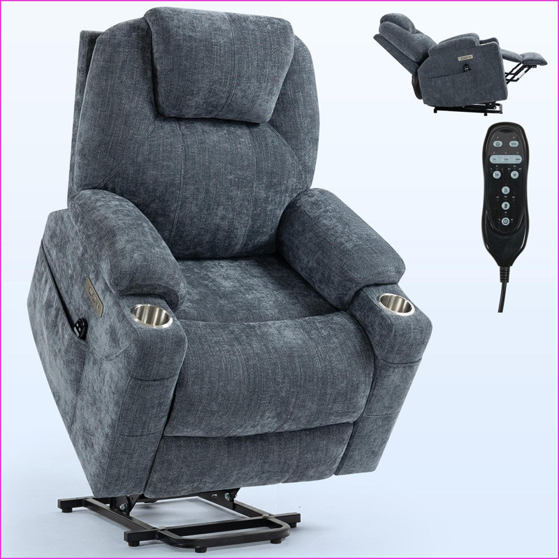 Recliners, Power Lift Recliner with 8-Point Massage &amp; Heat, 350 LBS Capacity, USB/Type-C, Cup Holders | Navy Blue | Chenille Fabric