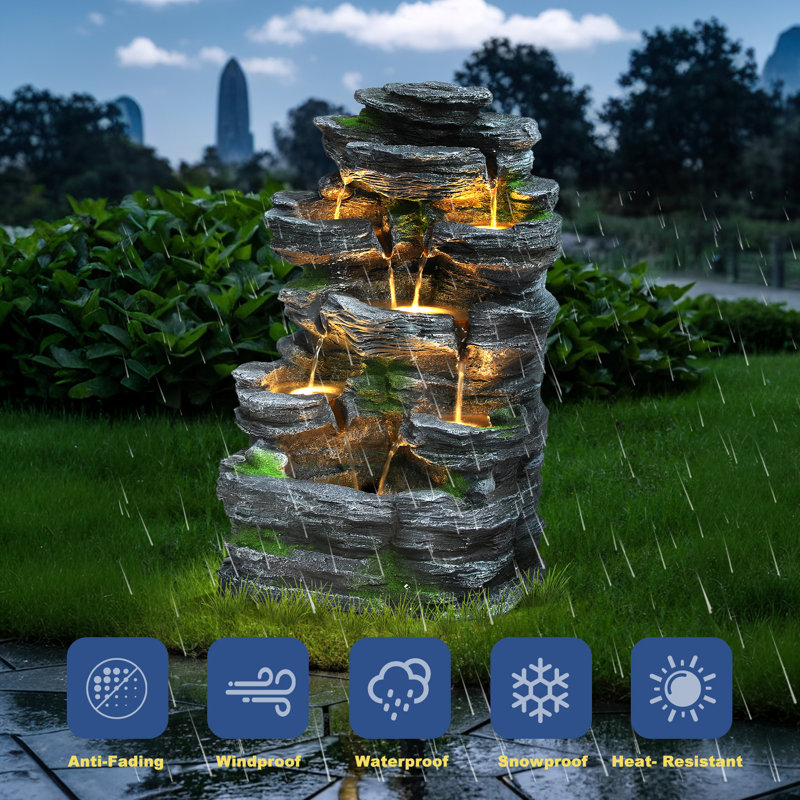 7 Tiers Cascading Rock Outdoor Water Fountain, Garden Freestanding Rockery Natural Waterfall Fountains Outdoor with LED Lights, Soothing Tranquility Fountains for Home Garden Yard Deco